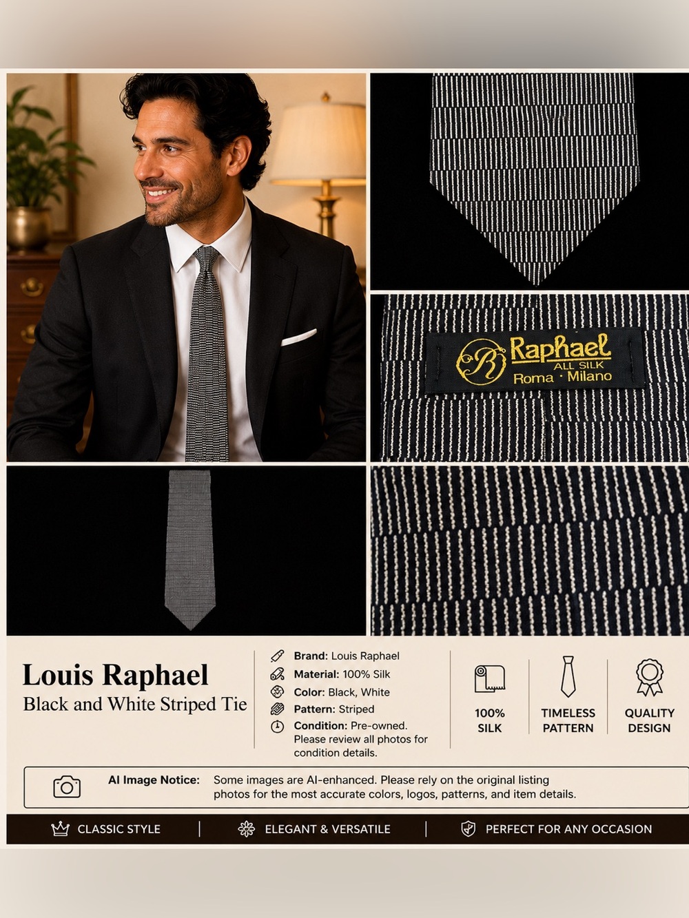 Louis Raphael Black and White Striped Tie
